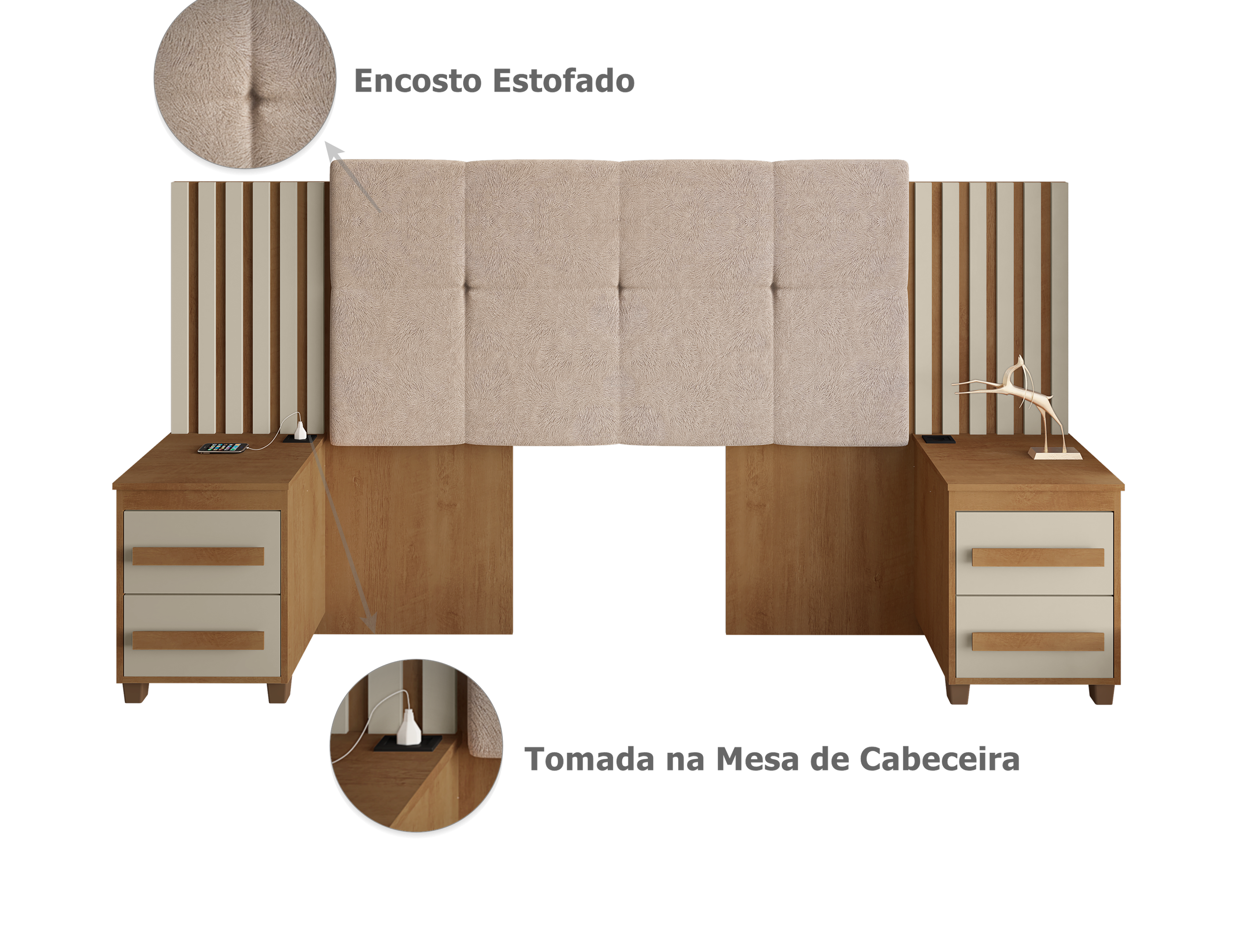 Cabeceira Estofada Extensível Casal/Queen/King com 2 Mesas de Apoio 4 Gavetas Suiça - 6