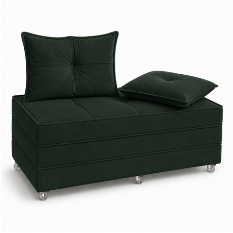 Puff Cama Dobravel 130cm Casal com Rodízios e Almofadas Cor:Suede Verde Militar
