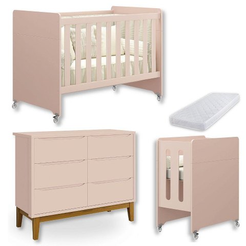 Quarto de Bebê Berço Evolution + Cômoda 6 Gvts + Colchão Rosa