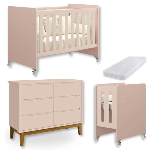 Quarto de Bebê Berço Evolution + Cômoda 6 Gvts + Colchão Rosa