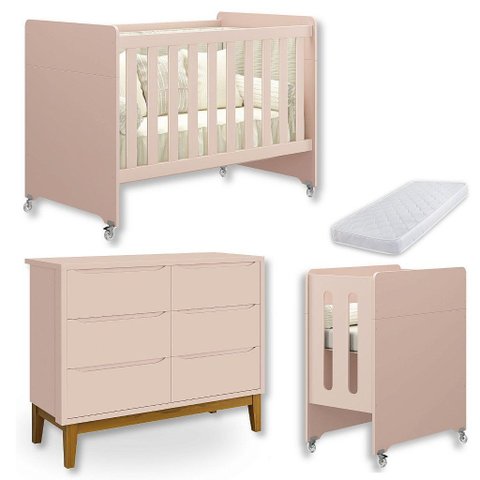 Quarto de Bebê Berço Evolution + Cômoda 6 Gvts + Colchão Rosa