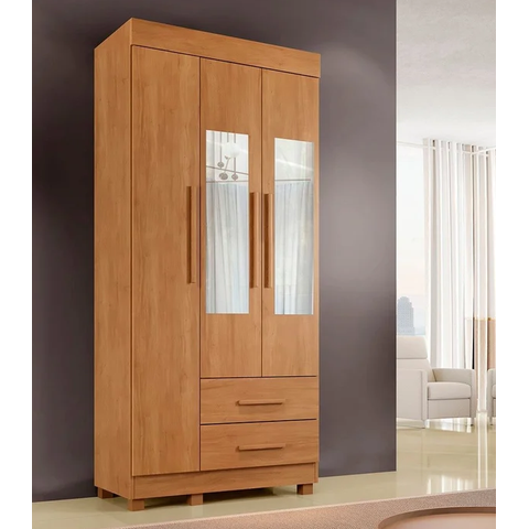 Guarda Roupa Solteiro com Espelho 3 Portas 2 Gavetas com Pés 86cm Copacabana Cinamomo - Benetil