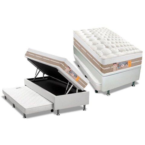 Cama Box Baú C-auxiliar Solteiro: Colchão Molas Castor Pocket Silver Star Air + Base Crc Courano