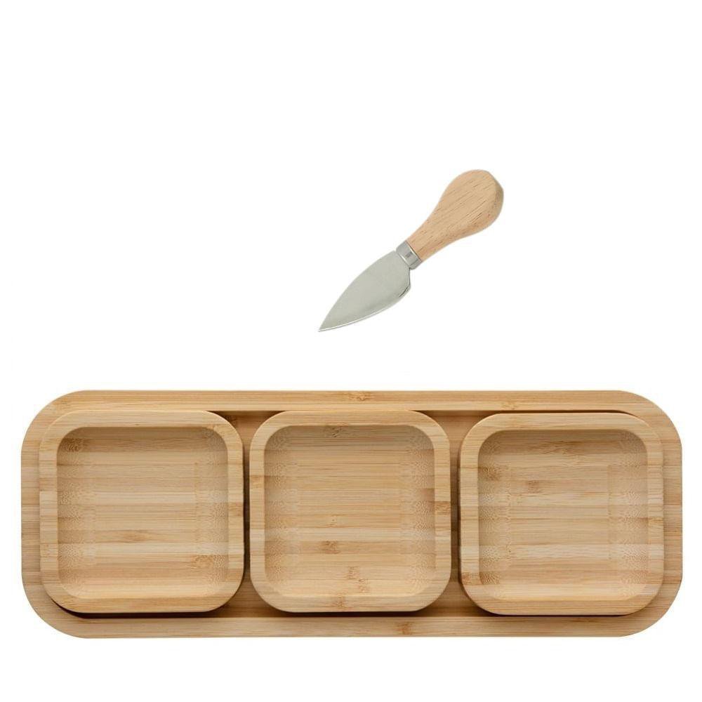 Petisqueira De Bambu Com 4 Peças - 31Cm Com Faca Para Queijo