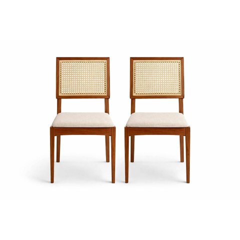 Kit 2 Cadeiras Tulipa Jantar Madeira Maciça Encosto Tela Sextavada Linho Bege Claro