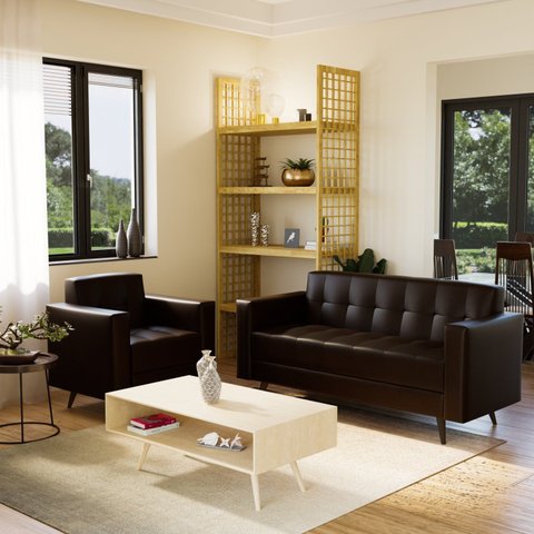 Conjunto Sofá com Poltrona 3 Lugares Corino Escritório e Recepção Marrom Vitrola 175cm