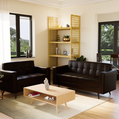 Conjunto de Sofás 3 e 2 Lugares Fixo Retrô Corino Marrom Vitrola