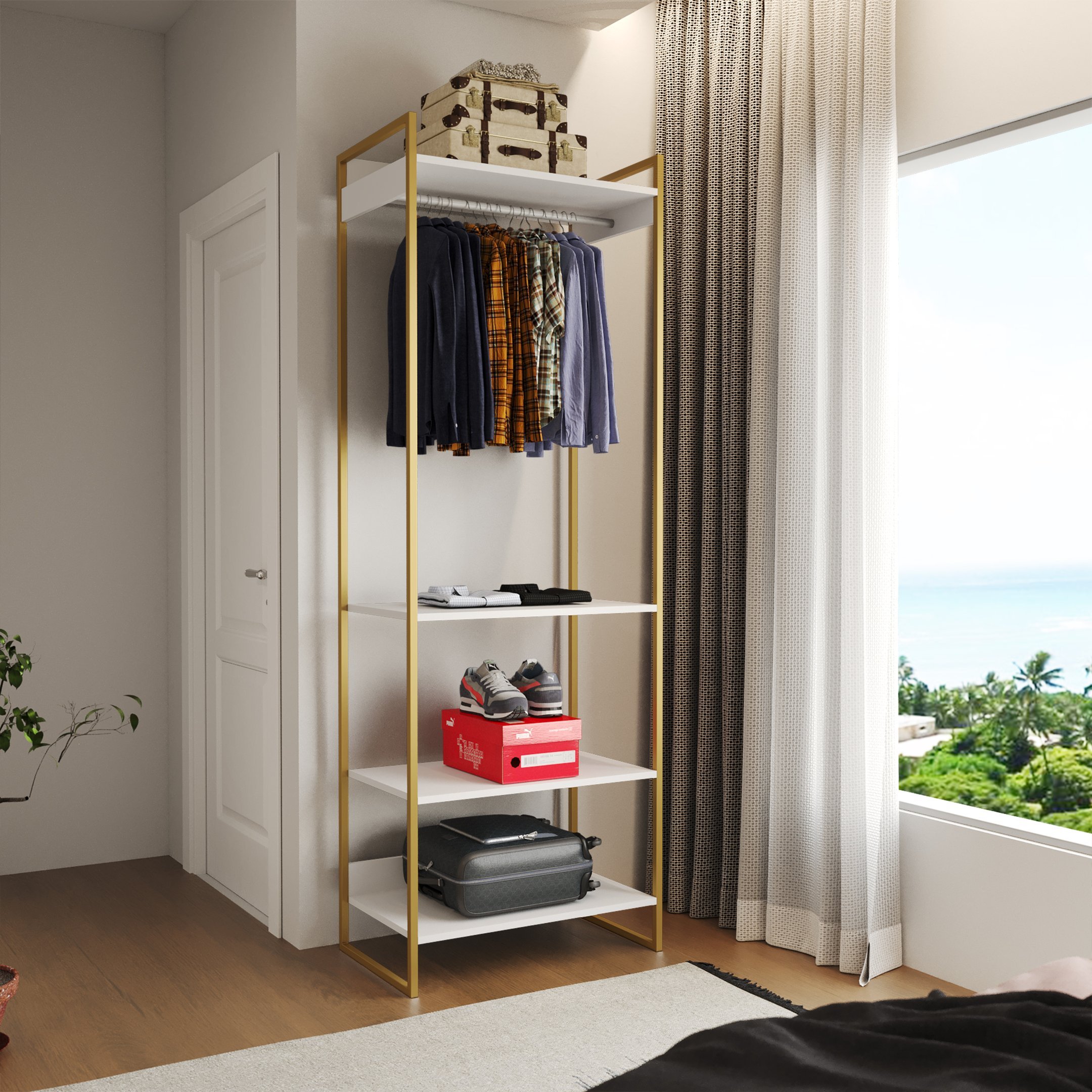 Modulo Closet Industrial Cabideiro Ferro Dourado Branco - 1