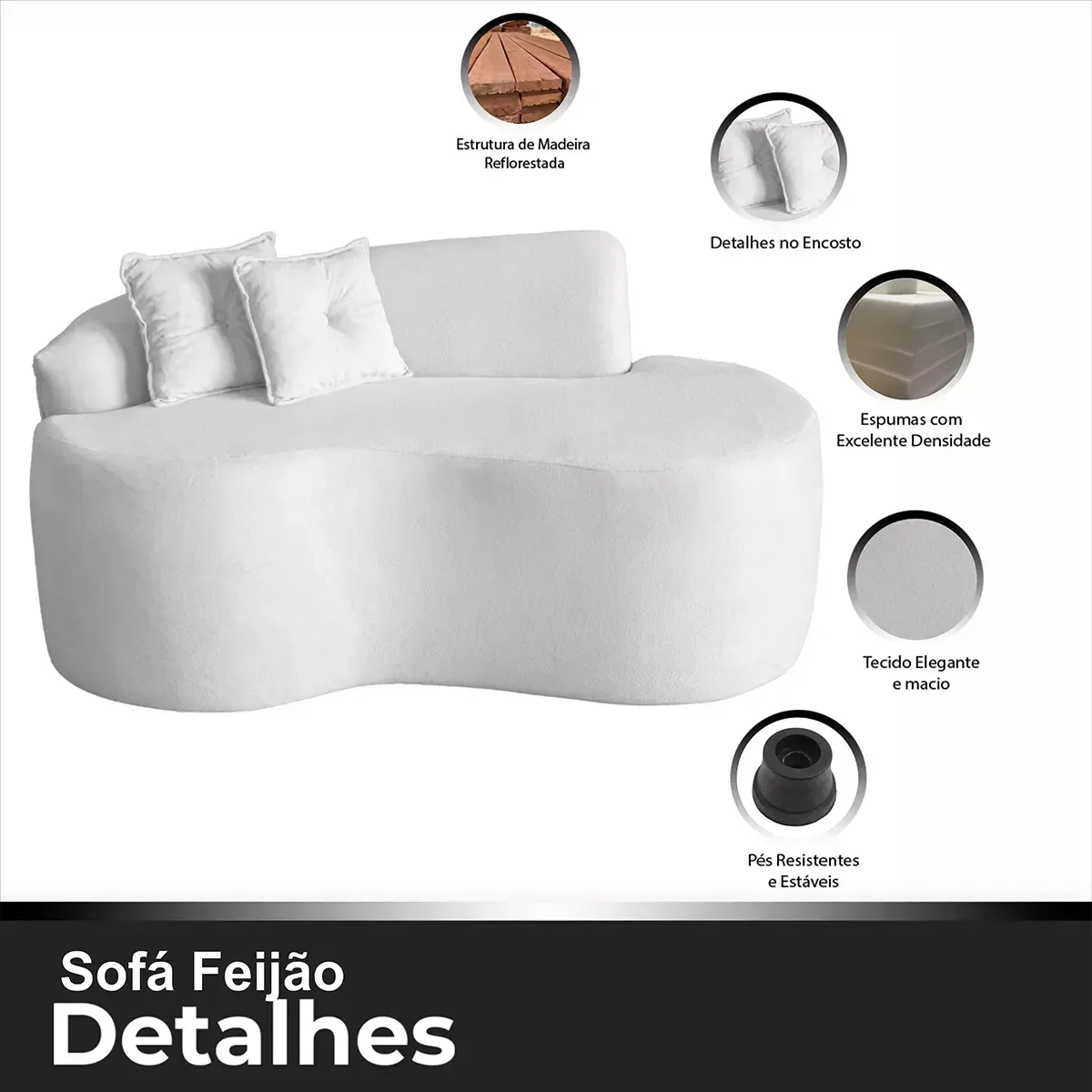 Sofá Feijão Curvo Pequeno 2 Lugares Moderno Forma Orgânica Bouclé Branco - 9