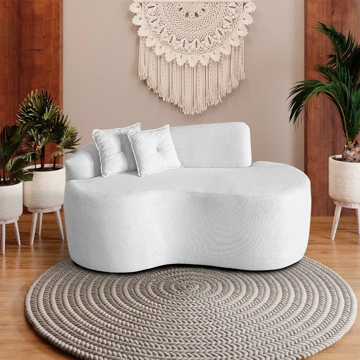 Sofá Feijão Curvo Pequeno 2 Lugares Moderno Forma Orgânica Bouclé Branco - 7