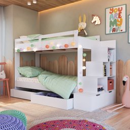 Beliche Infantil com Escada Nichos Gavetas Laterais e Gavetões Inferiores - 6