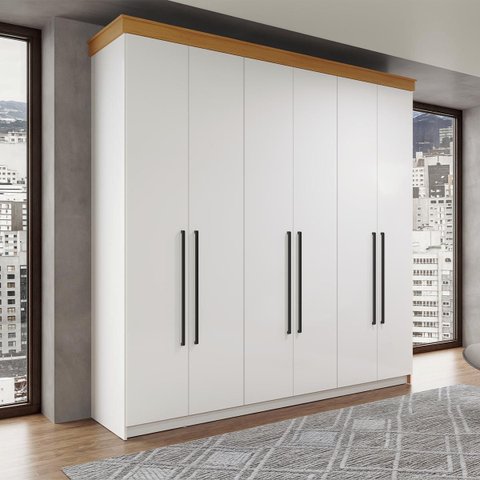Roupeiro Casal London MDF 225x220cm 2 Gavetas 6 Portas Branco/Freijó LON62