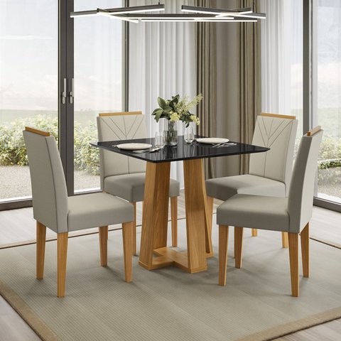 Conjunto Sala de Jantar Mesa 90cm Tampo Vidro/MDF Rubi com 4 Cadeiras Amanda