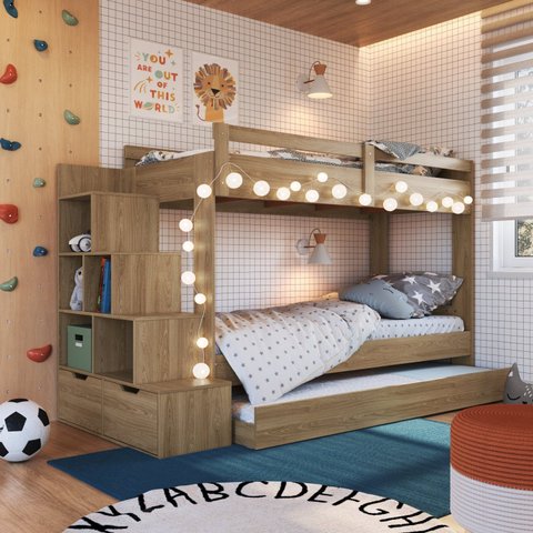 Treliche Infantil com Escada Nichos Gavetas Laterais e Cama Auxiliar Marrom/Aveiro Oak