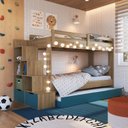 Ver imagem 1 de Treliche Infantil com Cama Auxiliar Escada Nichos e Gavetas Laterais Marrom/Aveiro Oak/Azul Secreto