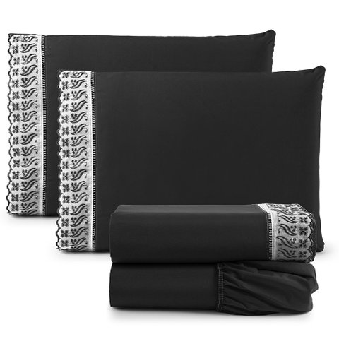 Jogo de Lençol Casal Suave Barrado Lese 4 Peças Barato - Preto Casa Show Enxovais