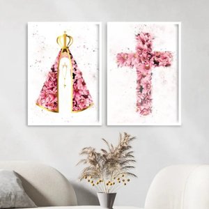 Kit 2 Quadros Nossa Senhora E Cruz Flores 24x18cm - com vidro:Madeira preta