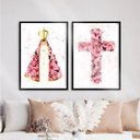 Ver imagem 2 de Kit 2 Quadros Nossa Senhora E Cruz Flores 24x18cm - com vidro:Madeira preta
