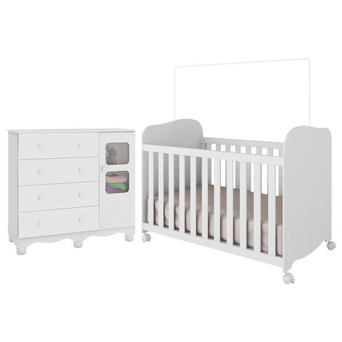Jogo de Quarto Infantil Uli Cômoda e Berço Branco Brilho - Móveis Peroba