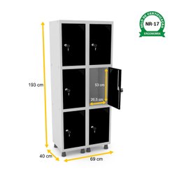 ROUPEIRO DE AÇO 2M 06 PORTAS FECHADURA PANDIN - CINZA/PRETO GRF 502/6 DI - 2