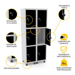 ROUPEIRO DE AÇO 2M 06 PORTAS FECHADURA PANDIN - CINZA/PRETO GRF 502/6 DI - 3
