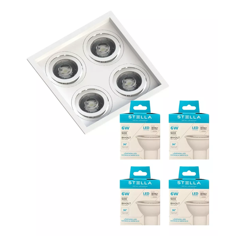 Spot Embutido Quadrado Quadruplo Recuado Dicroica + 4 Lâmpadas Mr16 6w Stella 3000k 4000k 5000k Cor: