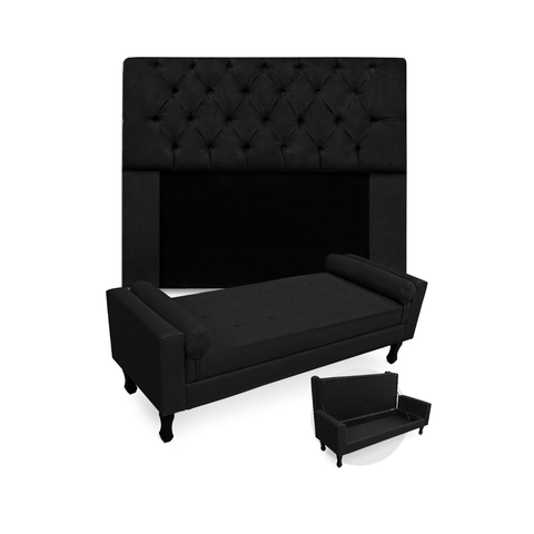 Jogo Com Cabeceira Mirage + Recamier Baú Fenix King 195 cm Suede Preto - LM DECOR