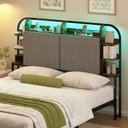 Ver imagem 1 de Cabeceira Cama Box Casal Estofada com Led, Tomadas Usb Tipo C e Prateleiras Laterais