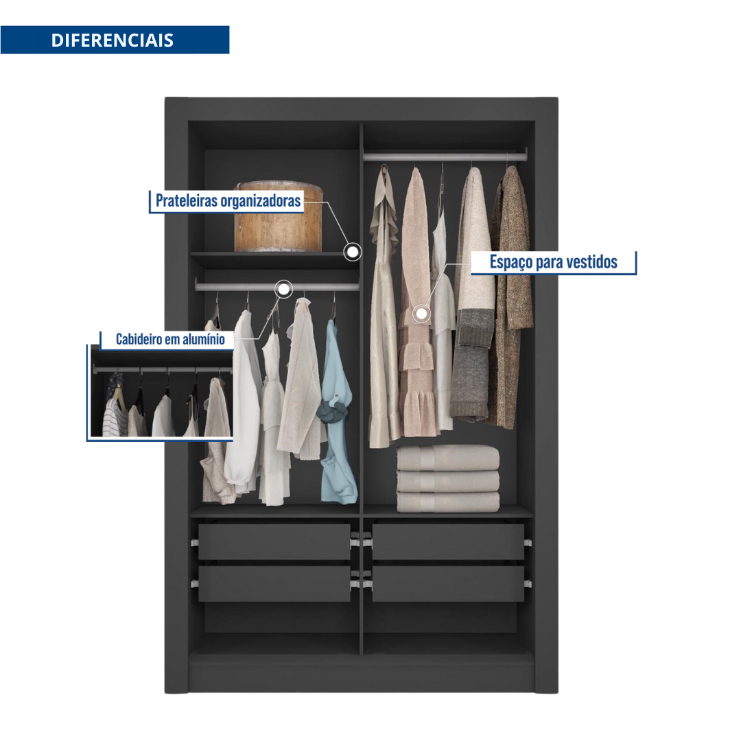 Guarda Roupa Solteiro 2 Portas com Espelhos e 4 Gavetas Quito Espresso Móveis - 6