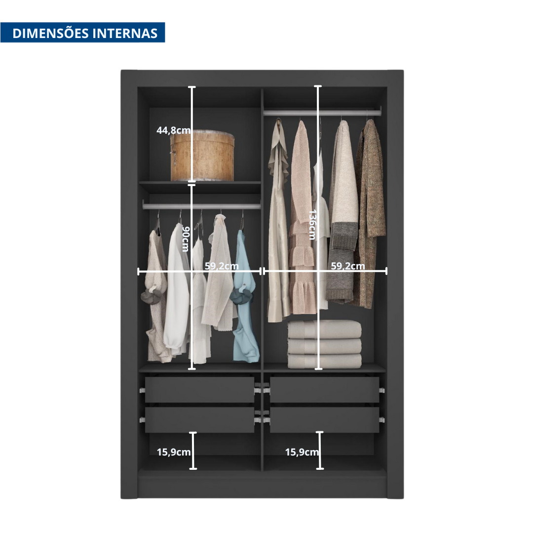 Guarda Roupa Solteiro 2 Portas com Espelhos e 4 Gavetas Quito Espresso Móveis - 7