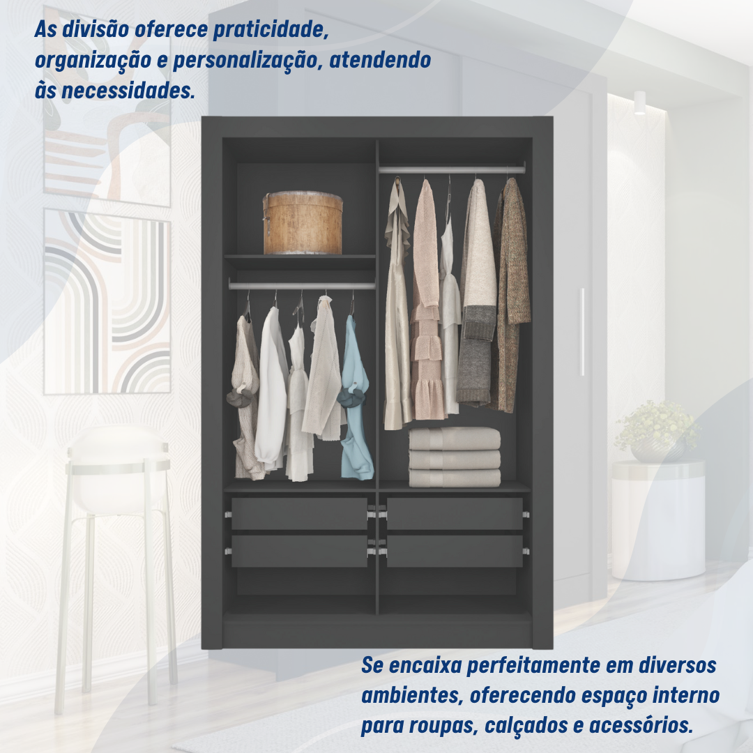 Guarda Roupa Solteiro 2 Portas com Espelhos e 4 Gavetas Quito Espresso Móveis - 5