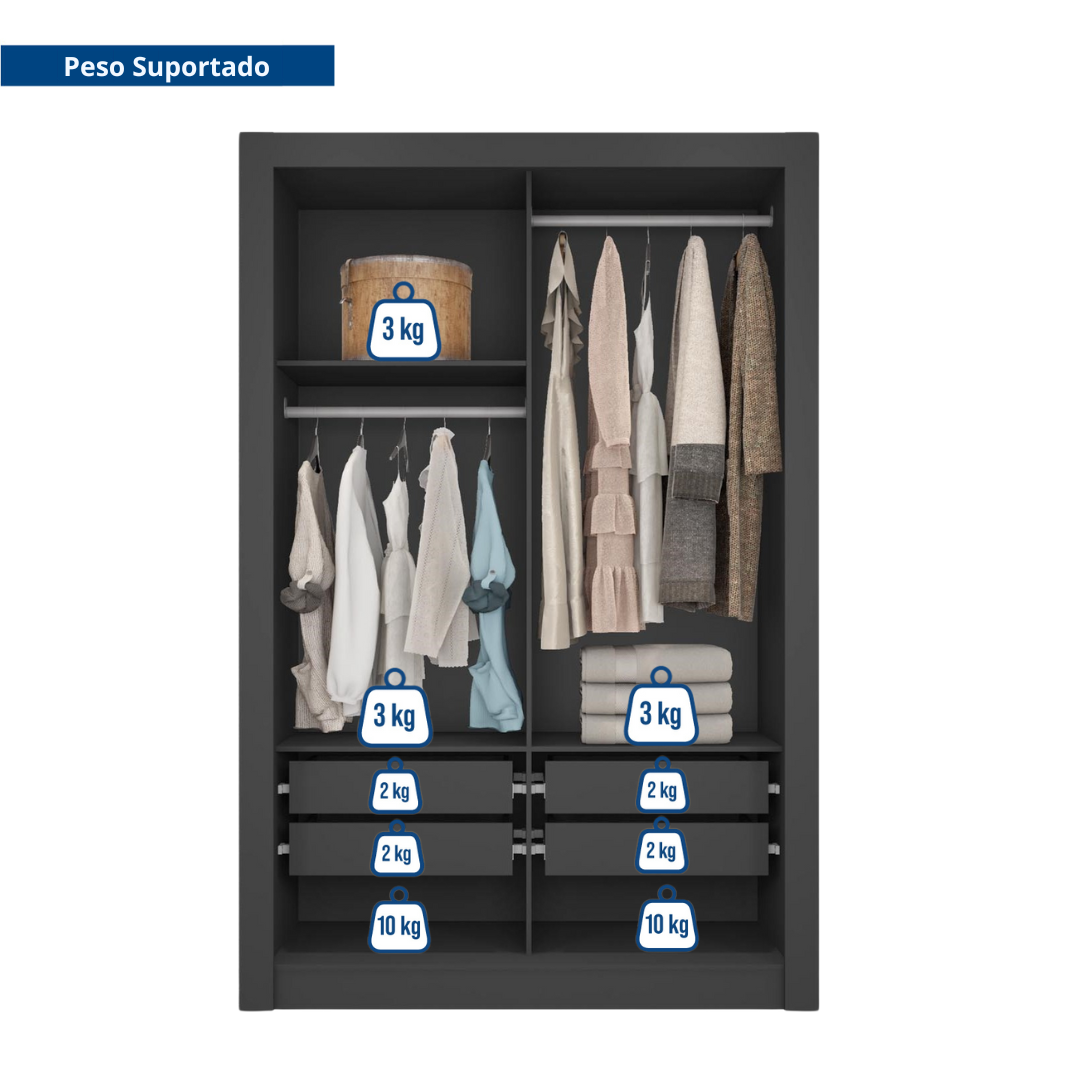 Guarda Roupa Solteiro 2 Portas com Espelhos e 4 Gavetas Quito Espresso Móveis - 8