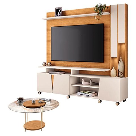 Estante Home Theater Virtus Cinamomo Off White com Mesa de Centro Sky com Tampo de Vidro Cinamomo -