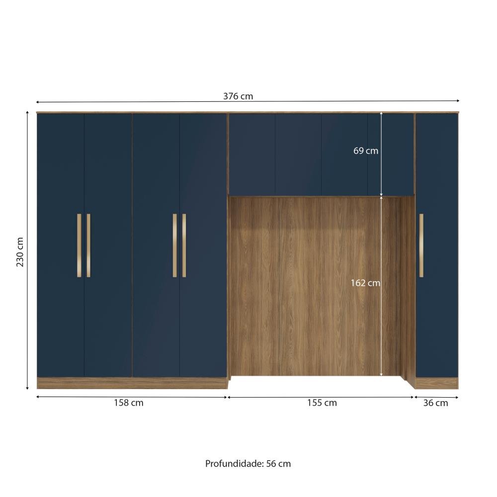 Quarto Modular Kappesberg Adapt Nogueira/azul Profundo 4 Peças 376cm - 4