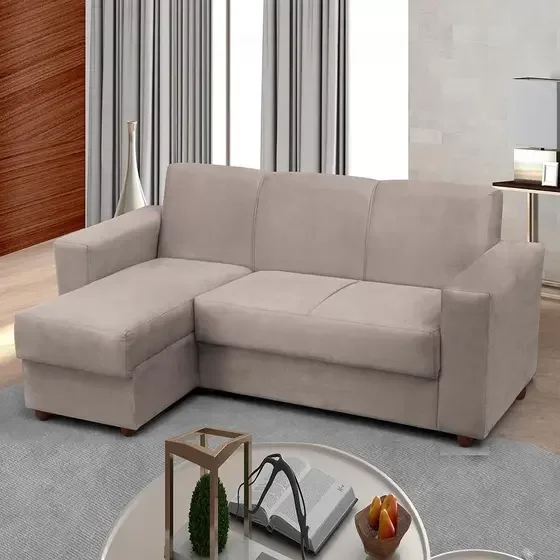 Sofá 3 Lugares com Chaise Bia Suede Bege - 2