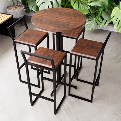 Conjunto Mesa Alta Bar Bistrô Redonda 4 Banquetas Confort Imbuia Industrial Black Don Castro Decor I