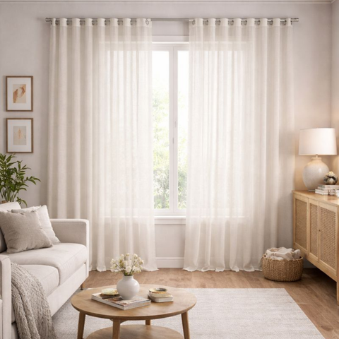 Cortina Tecido Linho Flamê Off White Ilhós Cromado - 3,00x2,40 Abertura Lateral