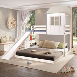 Beliche Solteiro Queen Montessoriano Cabana Family com Escorregador e Estante Casatema - 1