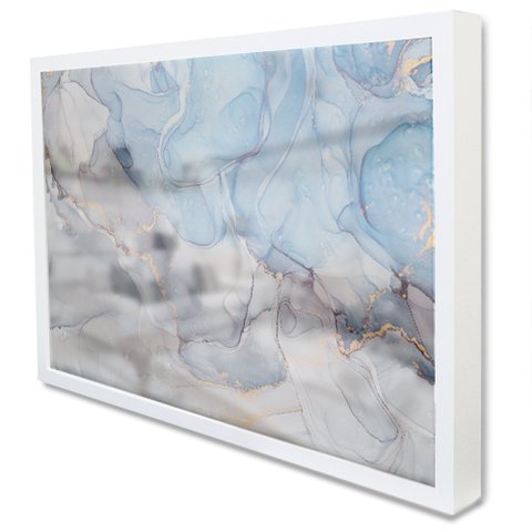 Quadro Decorativo Caixa Alta com Vidro Abstrato Mármore Azul Maya TaColado Moldura Branca 120 x 80cm