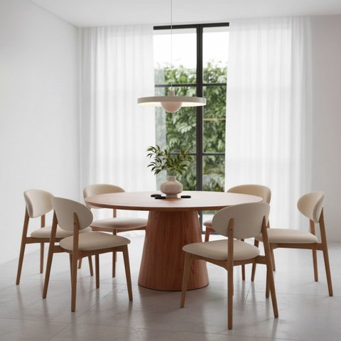 Mesa de Jantar Redonda para 6 Lugares 140cm Liz Base Cone Amadeirado Ccs