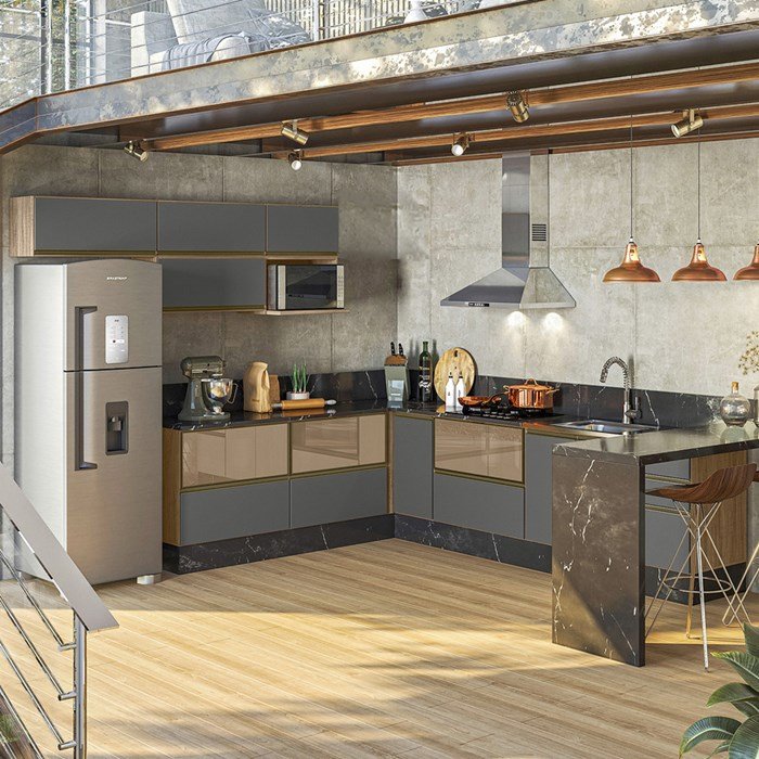 Cozinha Modulada 09 Peças Em MDF Kali Premium CJ13 Carvalho Rust Chumbo ...
