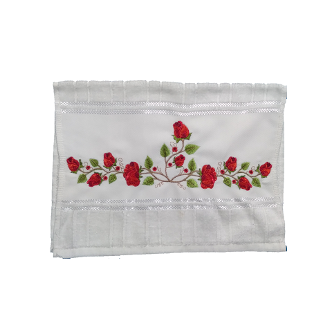 Toalha Bordada de Mão Lavabo com lindas Rosas na cor vermelha. Dohler Artesanalle Sem Tira Bordada