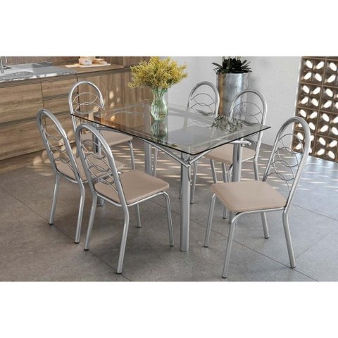Conjunto: Mesa de Cozinha Elba C/ Tampo de Vidro 140cm e 6 Cadeiras Holanda Cromada - Courano Bege