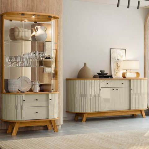 Conjunto Buffet Mônaco Cristaleira Moss Porta Curva Pés Palito MDF com LED e Branco Cumaru/Opala
