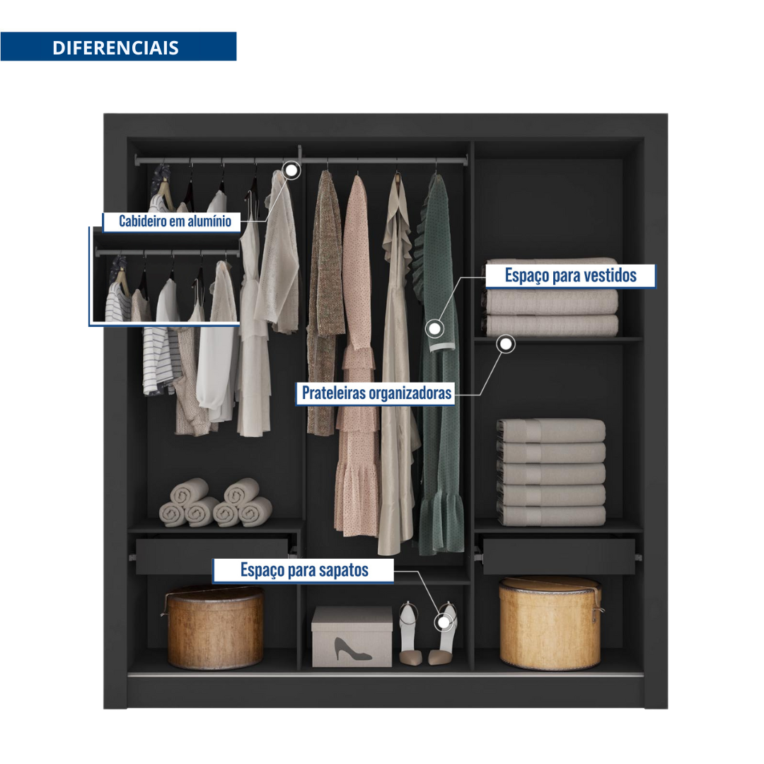 Guarda Roupa Casal 3 Portas com Espelhos e 2 Gavetas Quito - 6