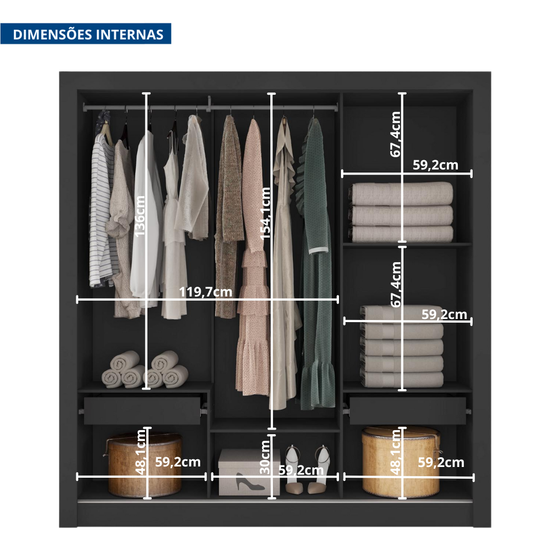 Guarda Roupa Casal 3 Portas com Espelhos e 2 Gavetas Quito - 7