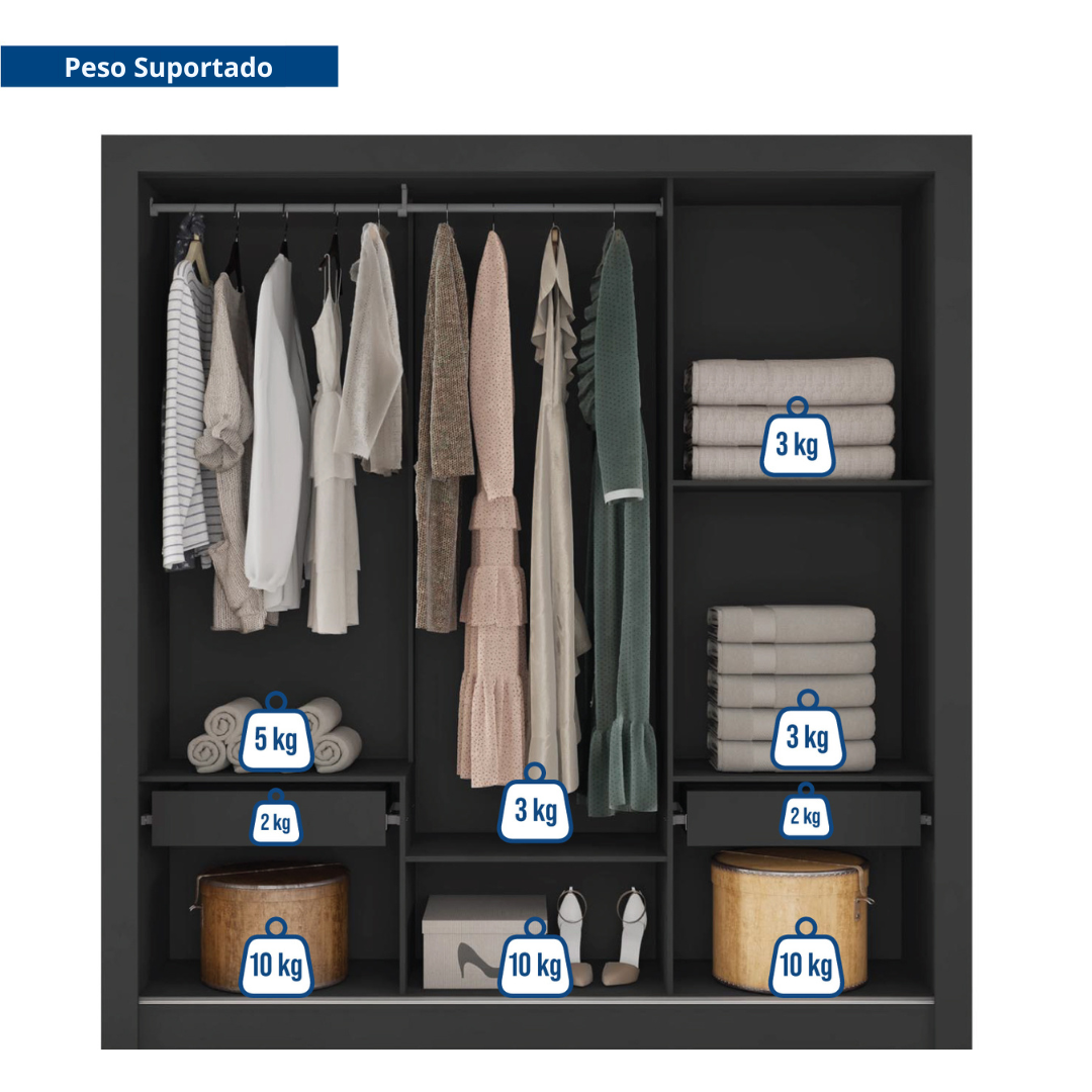Guarda Roupa Casal 3 Portas com Espelhos e 2 Gavetas Quito - 8