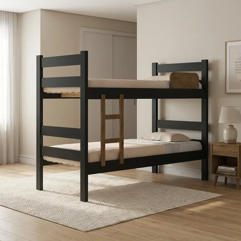 Beliche Solteiro com Escada e Proteção Antiquedas 100% MDF Prisma Preto/Jequitibá