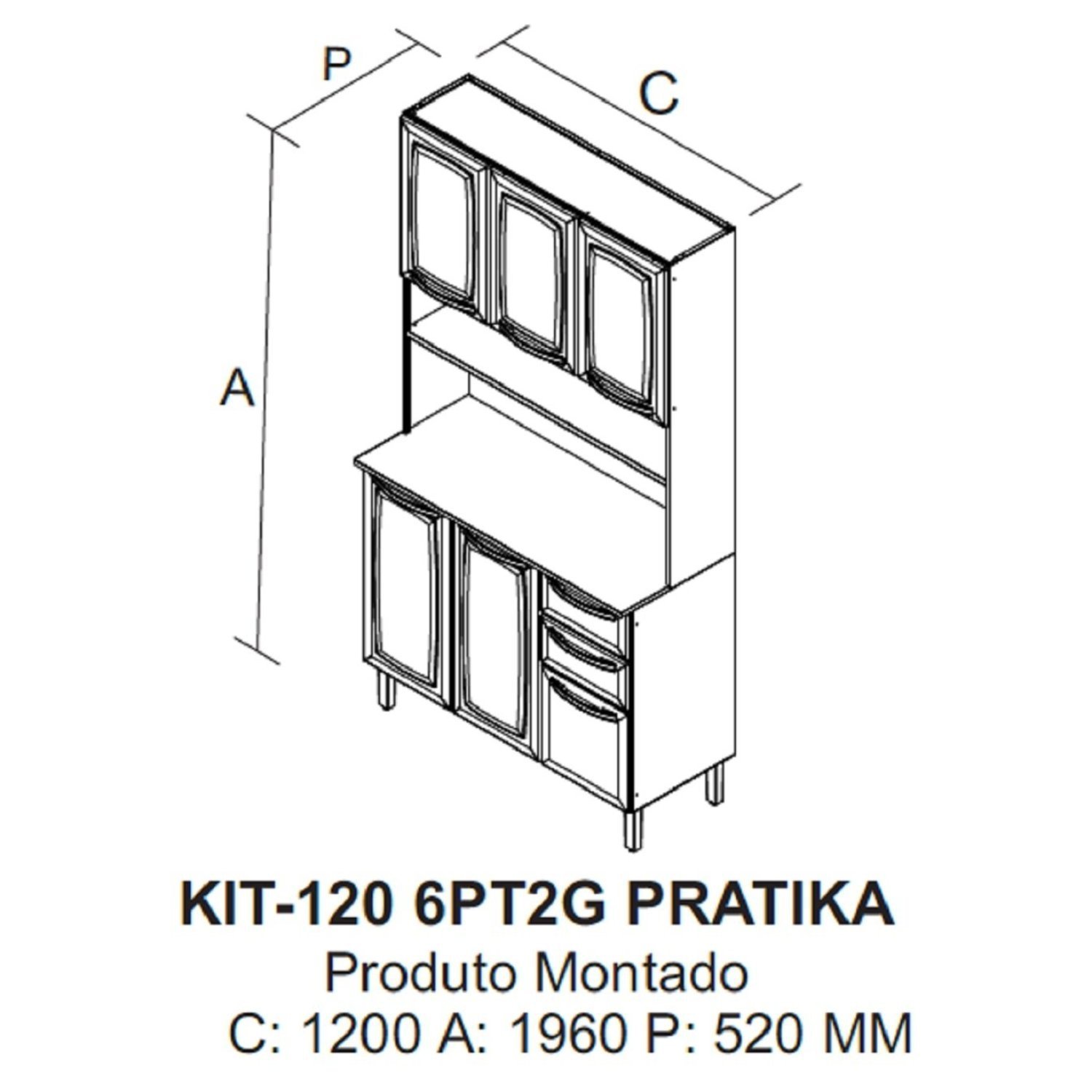 Cozinha Compacta em Aço 120cm 6 Portas 3 de Vidro 2 Gavetas Pratika Itatiaia - 3