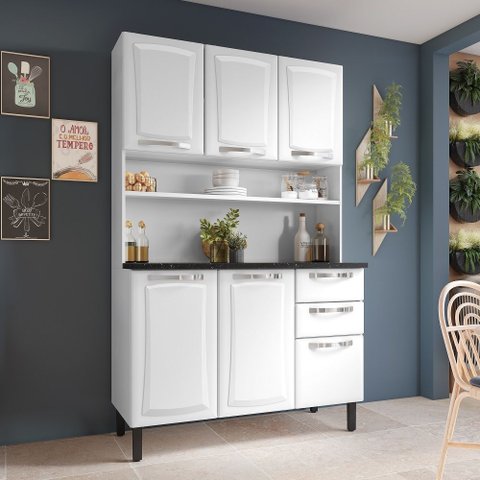 Cozinha Compacta em Aço com Bancada 6 Portas 2 Gavetas 196 x 120cm Pratika Itatiaia Branco